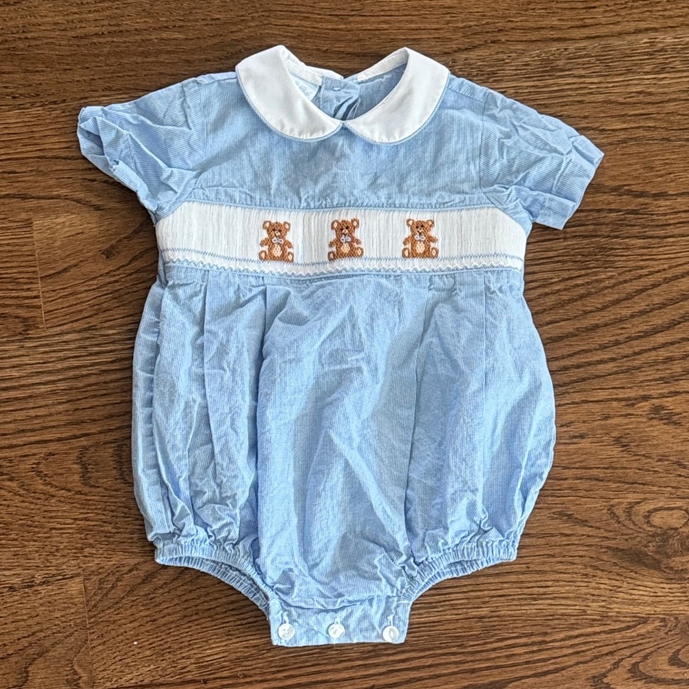 Petit Bebe Teddy Bear Smocked Embroidered Blue Gingham Baby Romper